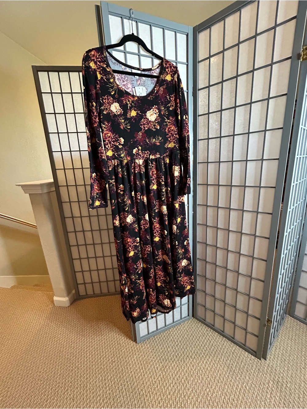 NWT LuLaRoe Ryane Black Floral Maxi Dress with Burgundy and Mustard Blooms